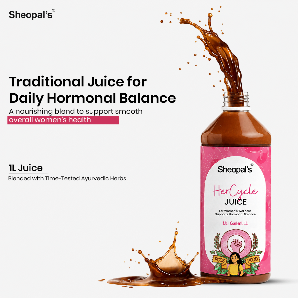 HerCycle Juice with Ashoka Chhal & Daruharidra | Ayurvedic Herbal Juice for Women | 1L